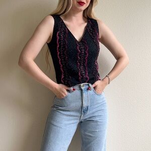 Vintage 1960s Black Knit Top With Purple Sequins (M)